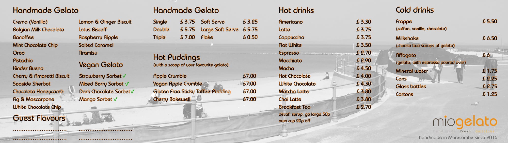 Mio Gelato menu: handmade gelato, hot drinks, cold drinks, hot puddings and sharing boards
